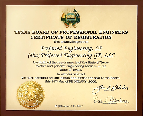 Texas Board of Professional Engineers Certificate of Registration for Preferred Engineering